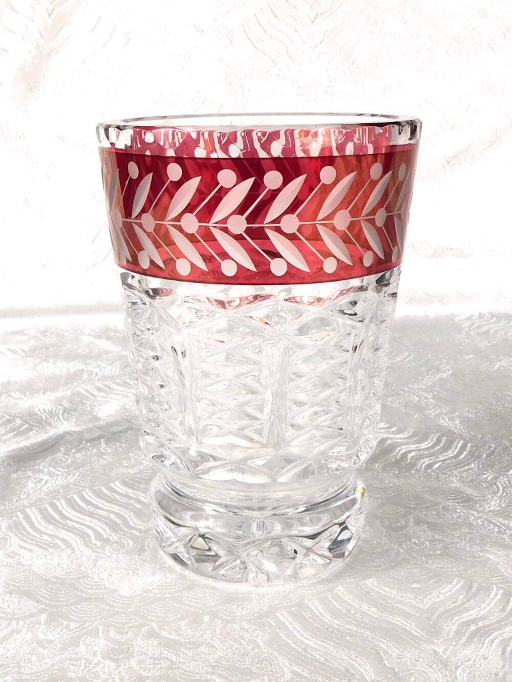 Short Cut Glass Vase with Red Cut to Clear Panel # 27638